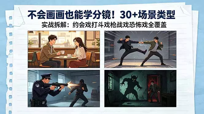 不会画画也能学分镜！30+场景类型实战拆解：约会戏打斗戏枪战戏恐怖戏全覆盖-卓越网创