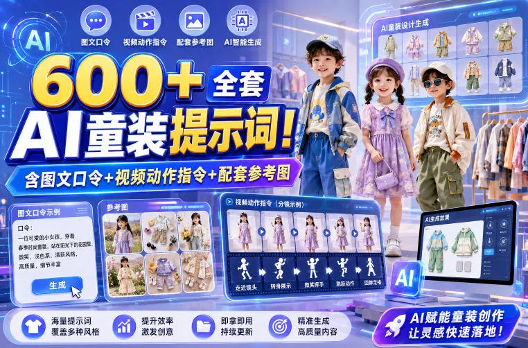 600+全套AI童装提示词!含图文口令+视频动作指令+配套参考图,Word-Excel规整分类,童装电商、种草无脑量产内容! 600+全套AI童装提示词!含图文口令+视频动作指令+配套参考图,Word-Excel规整分类,童装电商、种草无脑量产内容!