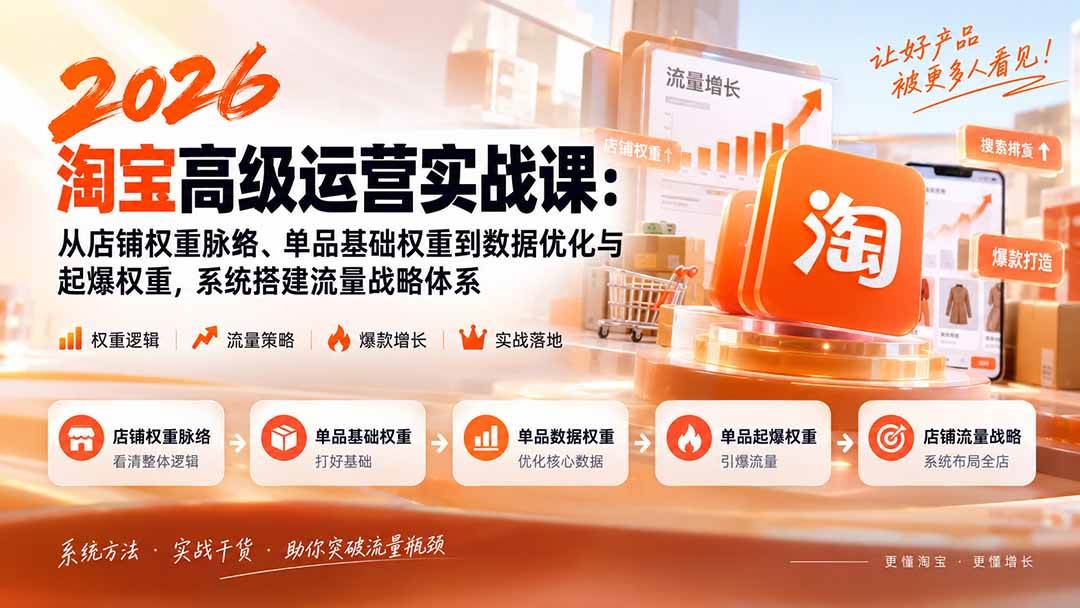 （20409期）2026淘宝高级运营实战课：从店铺权重脉络、单品基础权重到数据优化与起爆权重，系统搭建流量战略体系-卓越网创