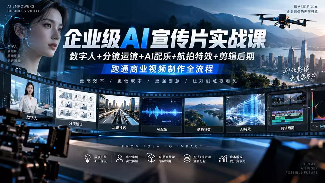 企业级AI宣传片实战课|数字人+分镜运镜+AI配乐+航拍特效+剪辑后期,跑通商业视频制作全流程-卓越网创