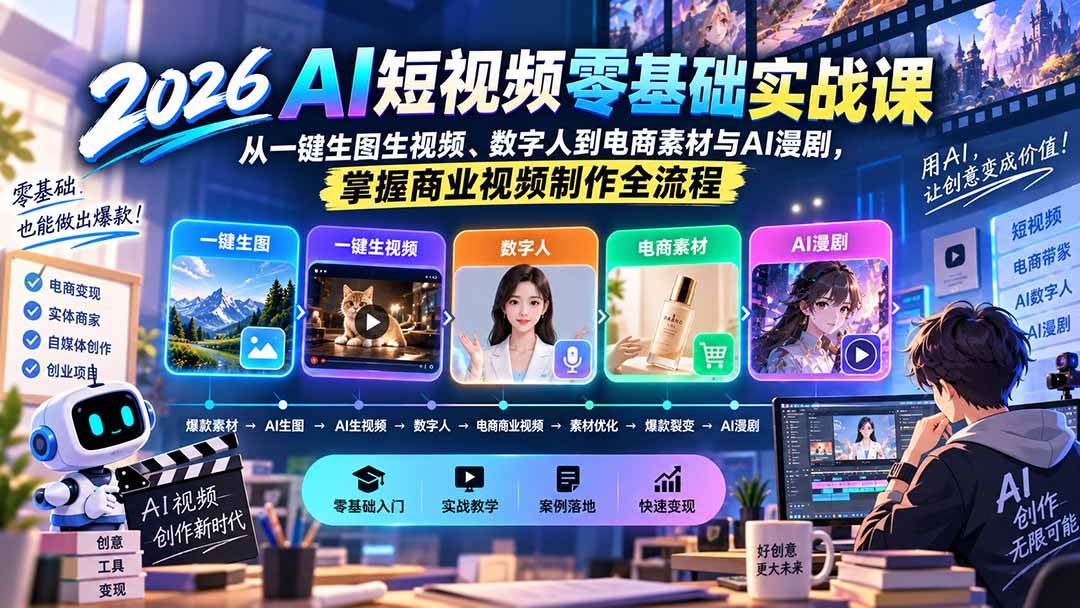 （20263期）2026AI短视频零基础实战课：从一键生图生视频、数字人到电商素材与AI漫剧，掌握商业视频制作全流程-卓越网创
