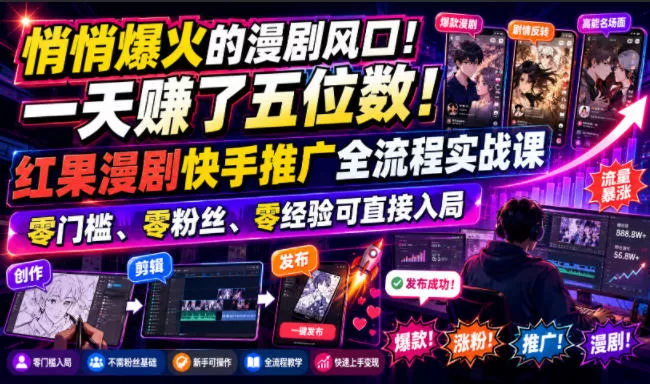 悄悄爆火的漫剧风口!一天賺了五位数!红果漫剧快手推广全流程实战课,零门槛、零粉丝、零经验可直接入局 悄悄爆火的漫剧风口!一天賺了五位数!红果漫剧快手推广全流程实战课,零门槛、零粉丝、零经验可直接入局