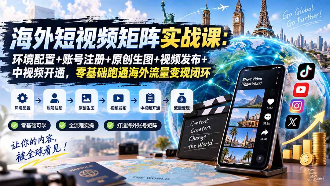 （20470期）海外短视频矩阵实战课：环境配置+账号注册+原创生图+视频发布+中视频开通，零基础跑通海外流量变现闭环-卓越网创