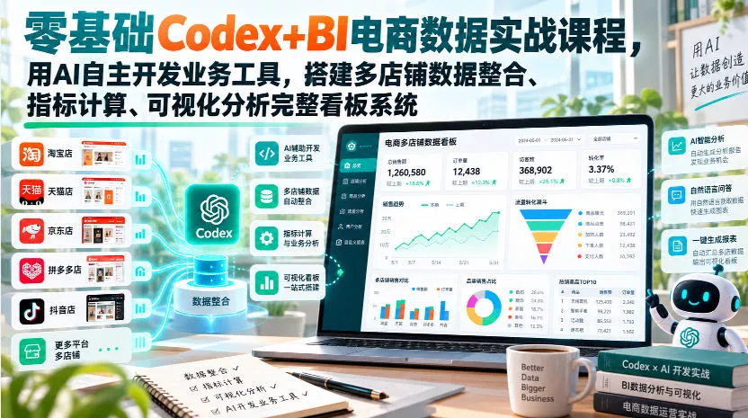 零基础Codex+BI电商数据实战课程，用AI自主开发业务工具，搭建多店铺数据整合、指标计算、可视化分析完整看板系统-卓越网创
