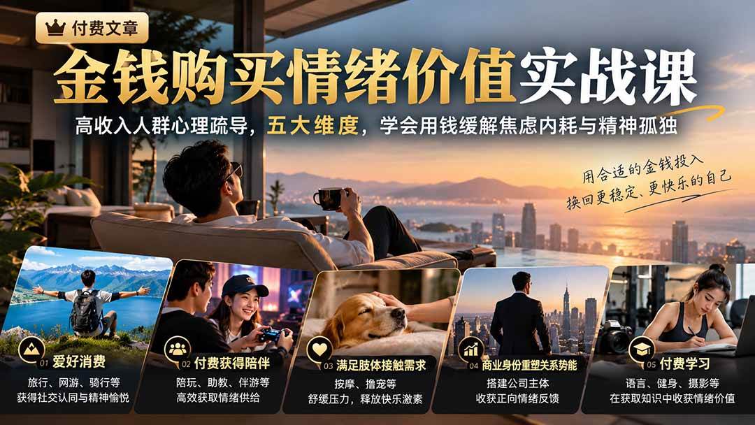 （20941期）付费文章：金钱购买情绪价值实战课｜高收入人群心理疏导，五大维度，学会用钱缓解焦虑内耗与精神孤独-卓越网创