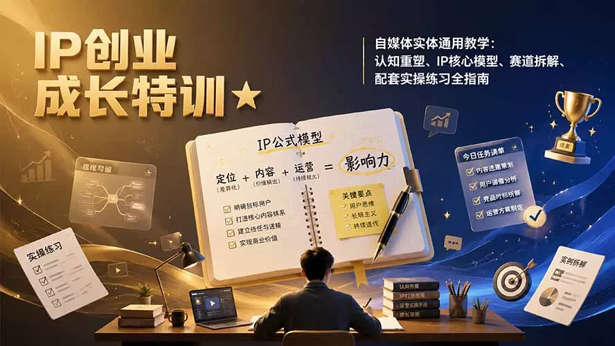 IP创业成长特训★自媒体实体通用教学：认知重塑、IP核心模型、赛道拆解、配套实操练习全指南-卓越网创