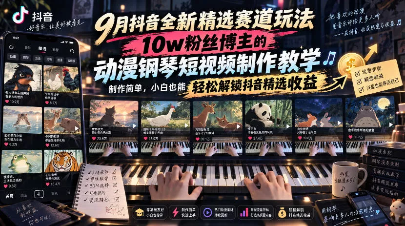 9月抖音全新精选赛道玩法,10w粉丝博主的动漫钢琴短视频制作教学,制作简单,小白也能轻松解锁抖音精选收益-卓越网创
