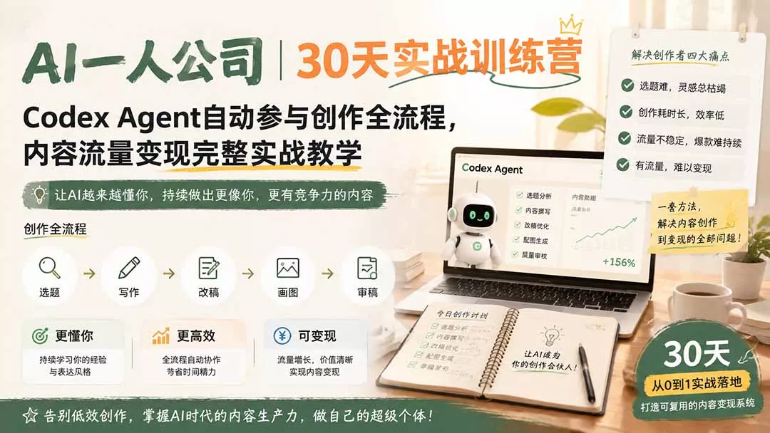 AI一人公司|30天实战训练营;Codex Agent自动参与创作全流程,内容流量变现完整实战教学 AI一人公司|30天实战训练营;Codex Agent自动参与创作全流程,内容流量变现完整实战教学