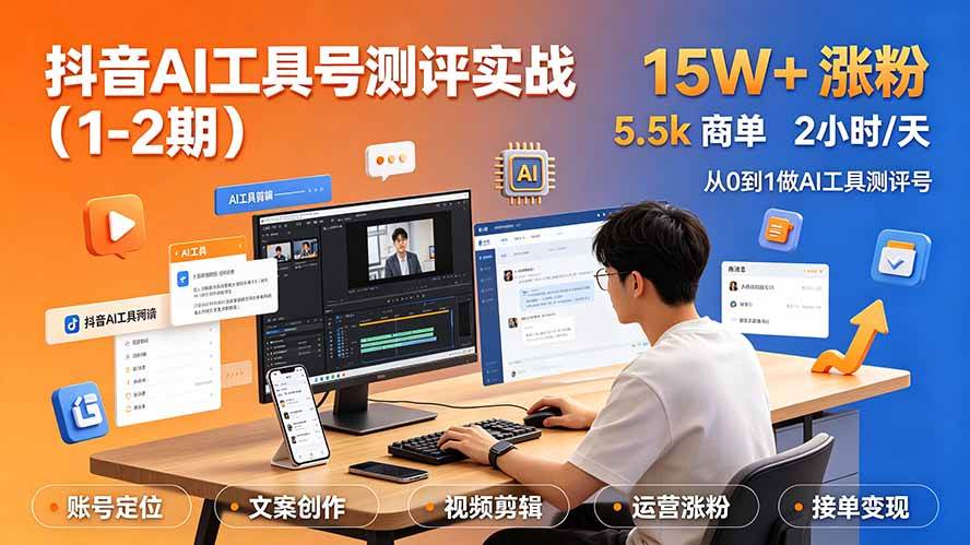 （19380期）抖音AI工具号测评实战（1-2期）：单号涨粉15W+×商单5.5k×伙伴计划×普通人可复制，每天2小时长期可持续-卓越网创