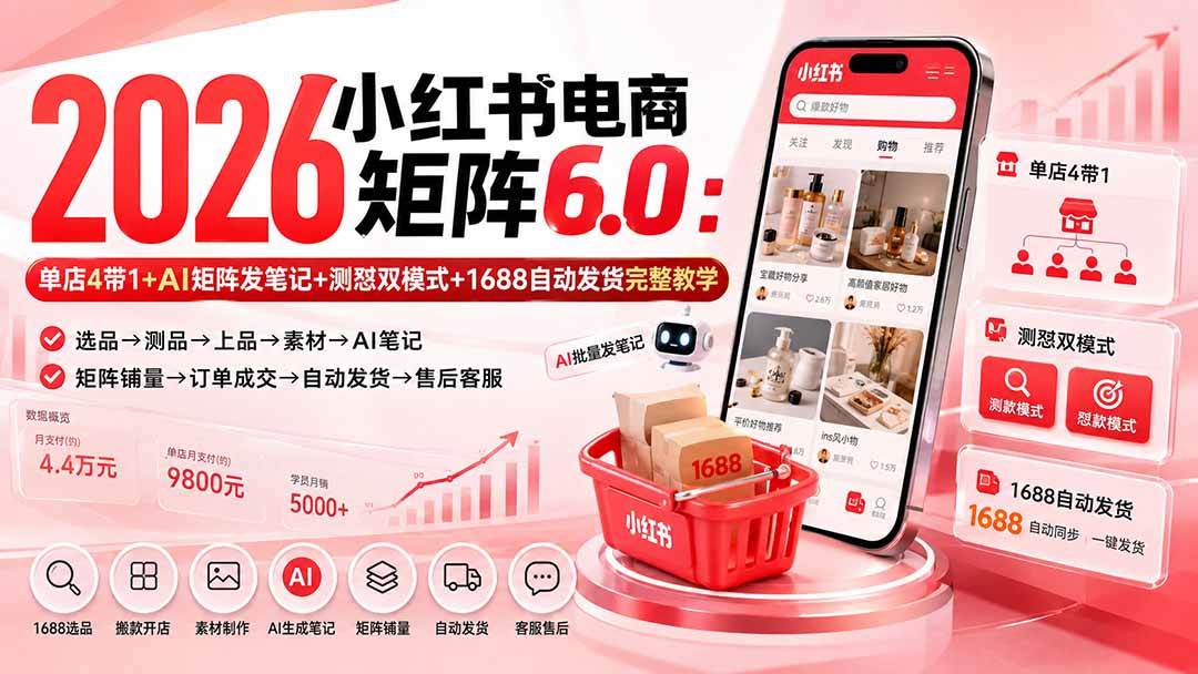 (20310期)2026小红书电商矩阵6.0:单店4带1+AI矩阵发笔记+测怼双模式+1688自动发货完整教学-卓越网创