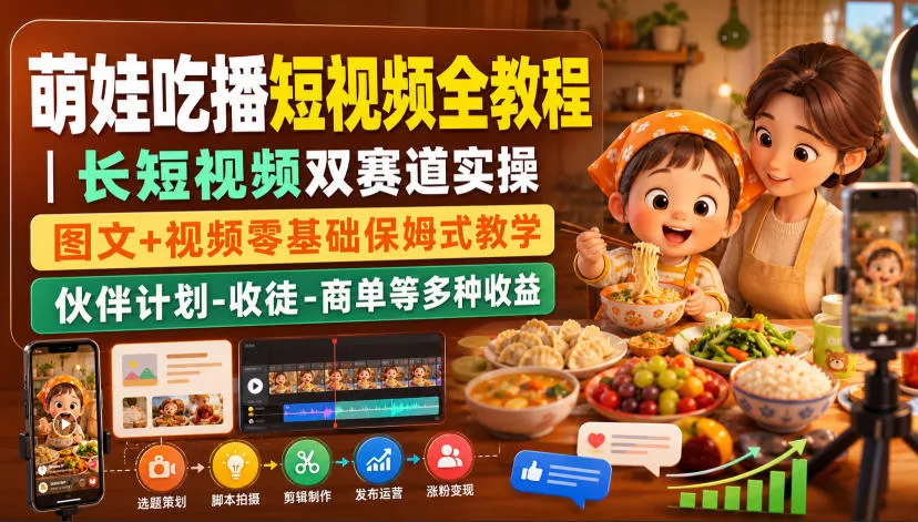 萌娃吃播短视频全教程｜长短视频双赛道实操，图文+视频零基础保姆式教学，伙伴计划-收徒-商单等多种变现方式-卓越网创