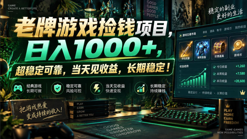 老牌游戏捡钱项目,日入1000+,超稳定可靠,当天见收益,长期稳定!【揭秘】-卓越网创