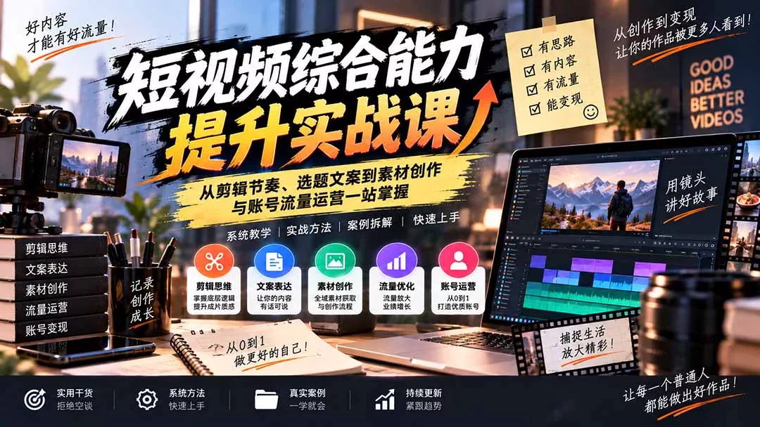 短视频综合能力提升实战课：从剪辑节奏、选题文案到素材创作与账号流量运营一站掌握-卓越网创