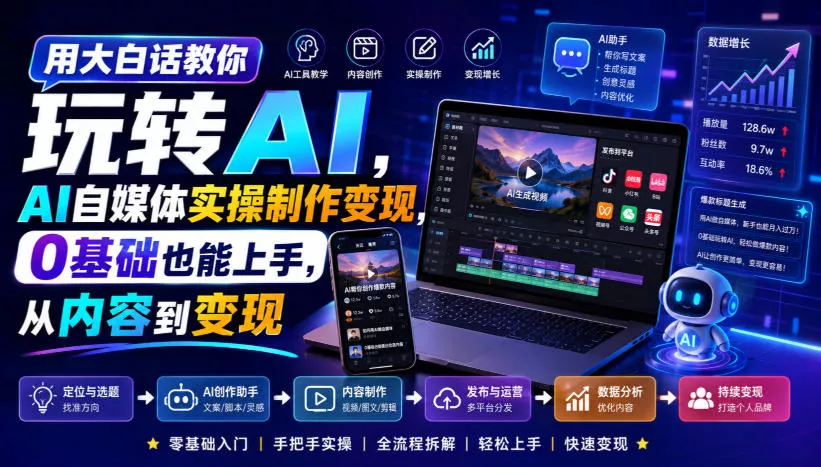 用大白话教你玩转AI，AI自媒体实操制作变现，0基础也能上手，从内容到变现-卓越网创