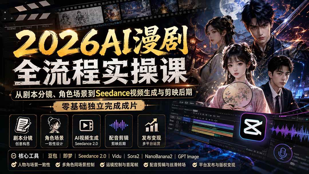 (20042期)2026AI漫剧全流程实操课:从剧本分镜、角色场景到Seedance视频生成与剪映后期,零基础独立完成成片 (20042期)2026AI漫剧全流程实操课:从剧本分镜、角色场景到Seedance视频生成与剪映后期,零基础独立完成成片