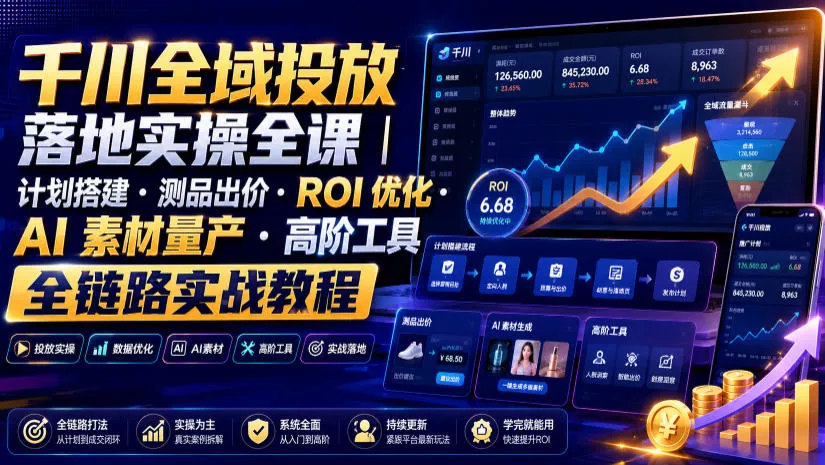 千川全域投放落地实操全课｜计划搭建・测品出价・ROI优化・AI素材量产・高阶工具全链路实战教程-卓越网创