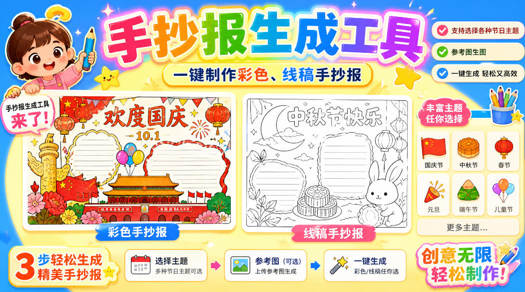 手抄报批量生成工具来了,完全免费,告别豆包生图,高清无水印-卓越网创