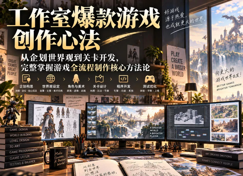 工作室爆款游戏创作心法|从企划世界观到关卡开发,完整掌握游戏全流程制作核心方法论 工作室爆款游戏创作心法|从企划世界观到关卡开发,完整掌握游戏全流程制作核心方法论