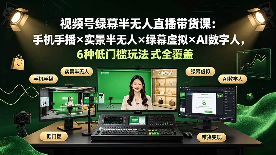 视频号绿幕半无人直播带货课：手机手播×实景半无人×绿幕虚拟×AI数字人，6种低门槛玩法全覆盖-卓越网创
