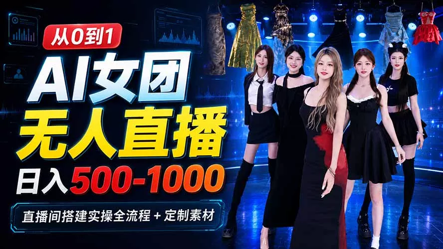 AI 女团无人直播，躺入500-1000每天，直播间搭建实操全流程+定制素材-卓越网创