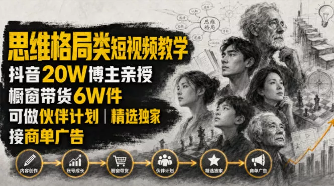 人性思维格局类短视频教学,抖音20W博主亲授,橱窗带货6W件,可做伙伴计划、精选独家、接商单广告-卓越网创