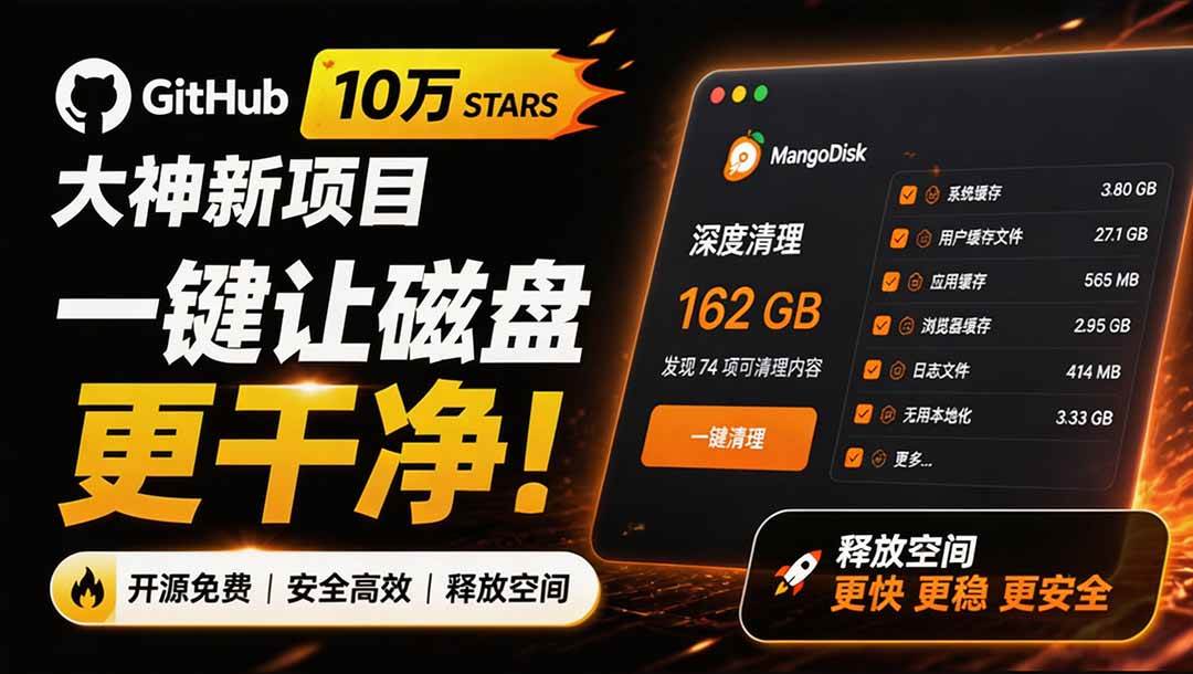（19894期）在Gtihub上做出10万 stars 的大神，又发布新项目了！一键让磁盘更干净，开源免费清理工具 MangoDisk-卓越网创