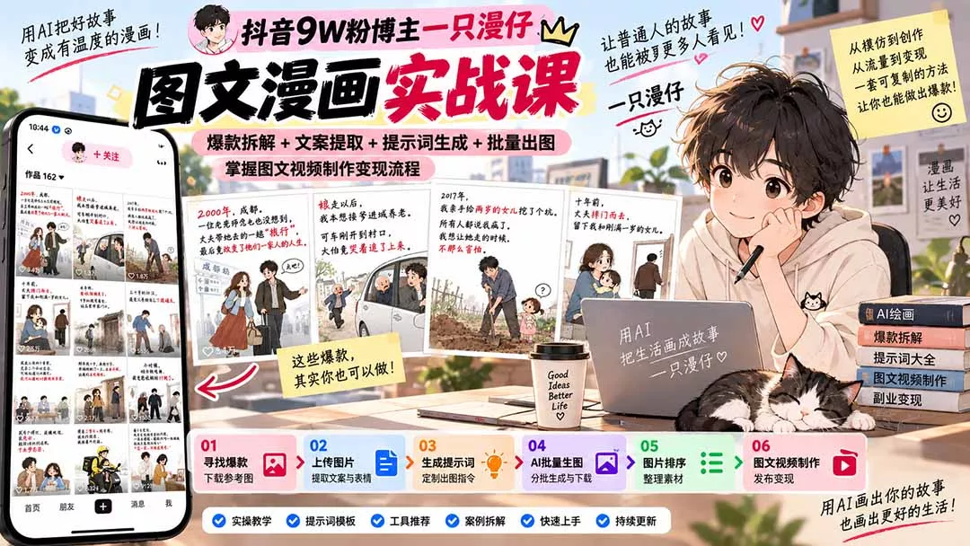 抖音9W粉博主一只漫仔图文漫画课:爆款拆解+文案提取+提示词生成+批量出图,掌握图文视频制作变现流程-卓越网创