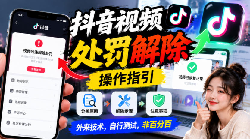抖音视频处罚解除操作指引，外来技术，自行测试，非百分百-卓越网创
