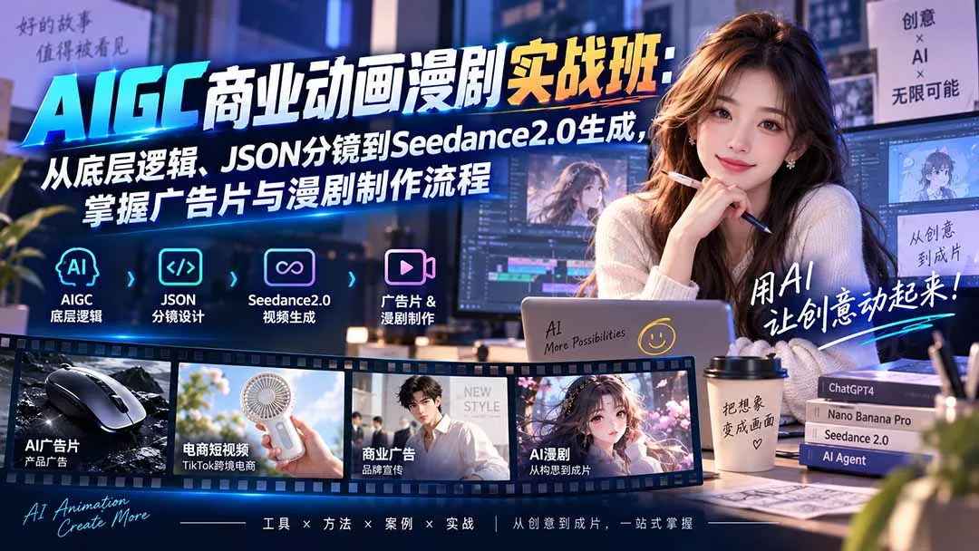 AIGC商业动画漫剧实战班-更新:从底层逻辑、JSON分镜到Seedance2.0生成,掌握广告片与漫剧制作流程-卓越网创