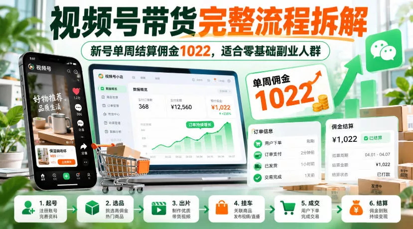 视频号带货完整流程拆解，新号单周结算佣金1022，适合零基础副业人群-卓越网创