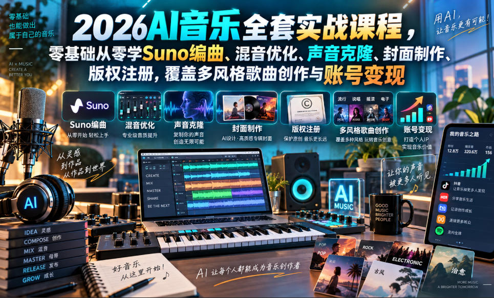 2026AI音乐实战课程,零基础从零学Suno编曲、混音优化、声音克隆、版权注册,覆盖多风格歌曲创作与账号变现-卓越网创
