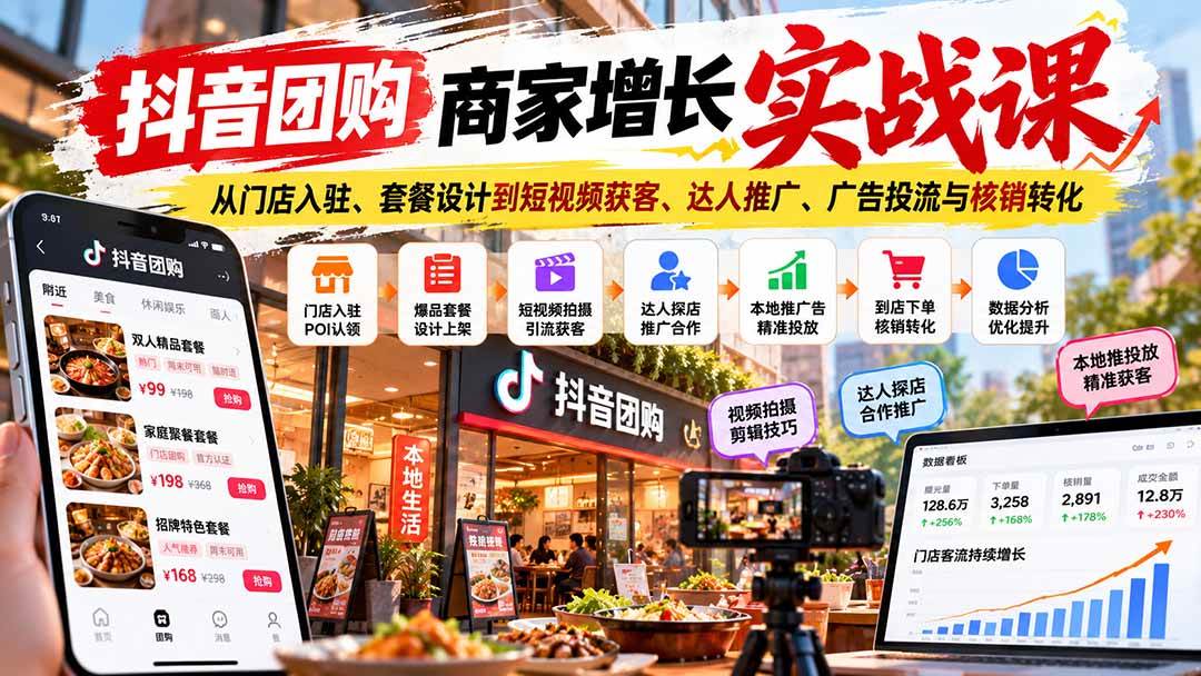 （20813期）抖音团购商家增长实战课：从门店入驻、套餐设计到短视频获客、达人推广、广告投流与核销转化-卓越网创