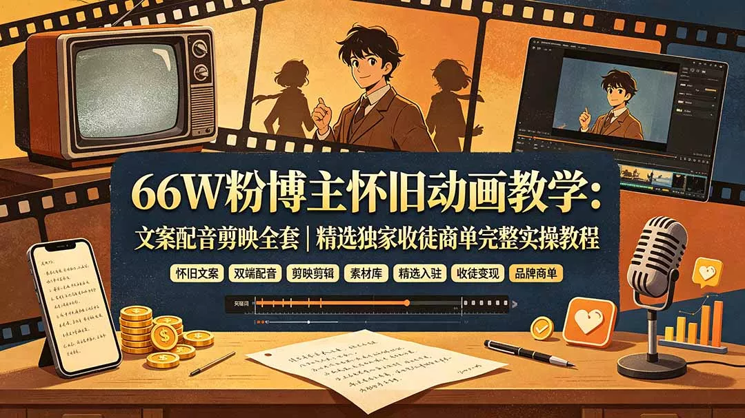 66W粉博主怀旧动画教学：文案配音剪映全套｜精选独家收徒商单完整实操教程