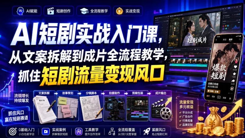 AI短剧实战入门课，从文案拆解到成片全流程教学，抓住短剧流量变现风口-卓越网创