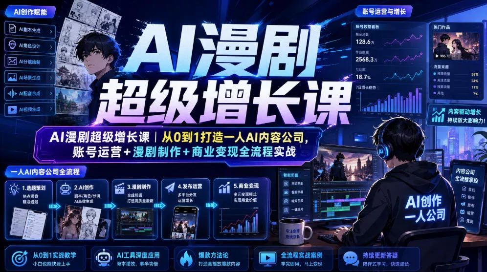 AI漫剧超级增长课｜从0到1打造一人AI内容公司，账号运营+漫剧制作+商业变现全流程实战-卓越网创