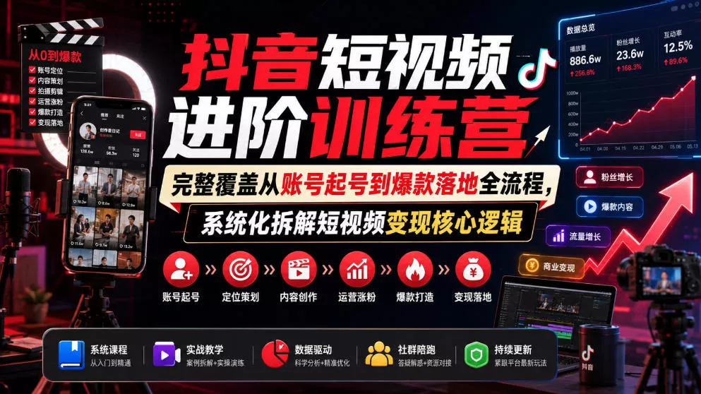 抖音短视频进阶训练营，完整覆盖从账号起号到爆款落地全流程，系统化拆解短视频变现核心逻辑-卓越网创
