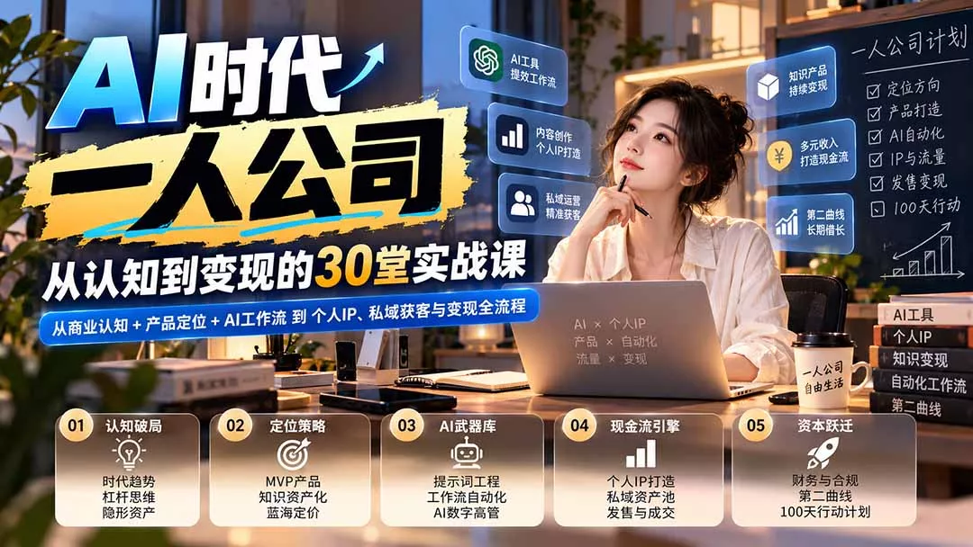 【无水印】AI时代一人公司30堂实战课：从商业认知+产品定位+AI工作流到个人IP、私域获客与变现全流程-卓越网创