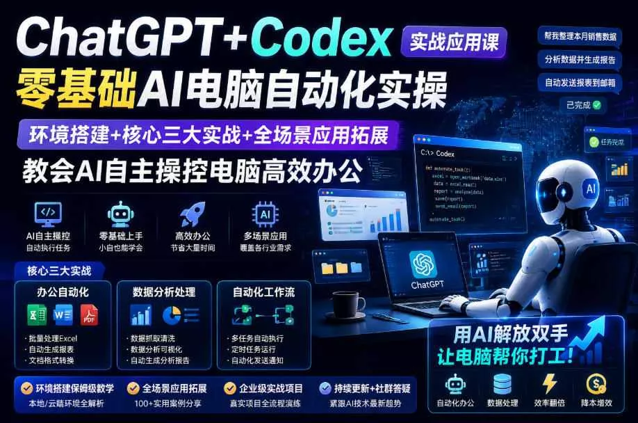 ChatGPT+Codex实战应用课|零基础AI电脑自动化实操,环境搭建+核心三大实战+全场景应用拓展,教会AI自主操控电脑高效办公 ChatGPT+Codex实战应用课|零基础AI电脑自动化实操,环境搭建+核心三大实战+全场景应用拓展,教会AI自主操控电脑高效办公