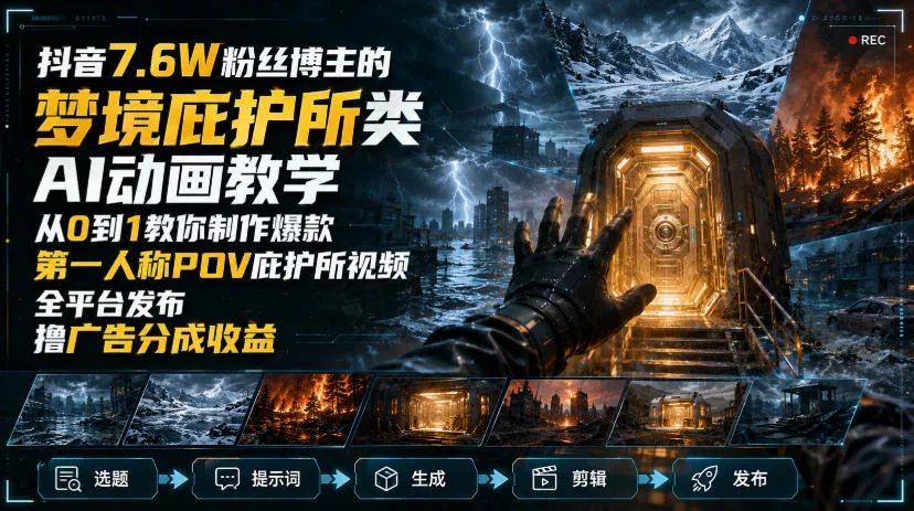 抖音7.6W粉丝博主的梦境庇护所类AI动画教学，从0到1教你制作爆款第一人称POV庇护所视频，全平台发布撸广告分成收益-卓越网创