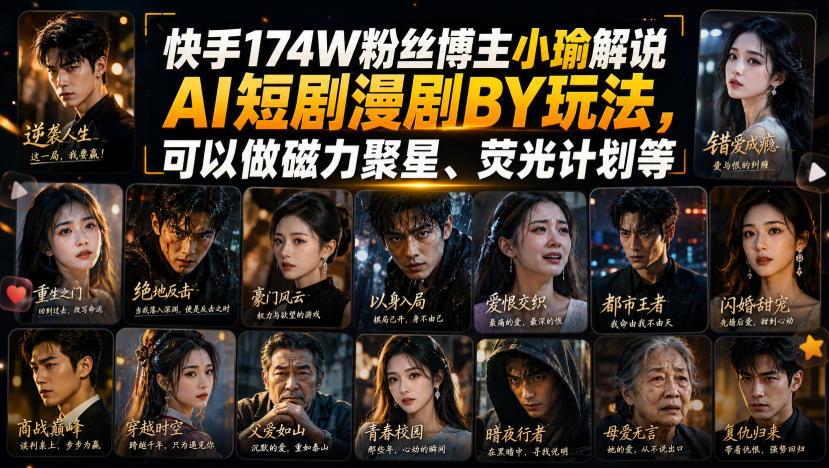 快手174W粉丝博主小瑜解说AI短剧漫剧搬运玩法，可以做磁力聚星、荧光计划等-卓越网创