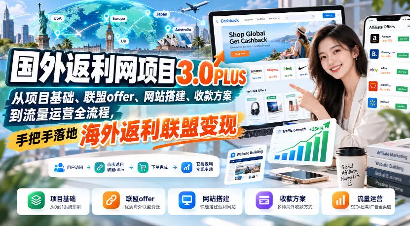 国外返利网项目3.0PLUS，从项目基础、联盟offer、网站搭建、收款方案到流量运营全流程，手把手落地海外返利联盟变现-卓越网创