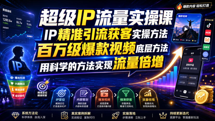 超级IP流量实操课,IP精准引流获客实操方法,百万级爆款视频底层方法,用科学的方法实现流量倍增-卓越网创