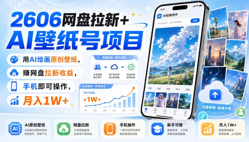 2606网盘拉新+AI壁纸号项目，用AI绘画原创壁纸，賺网盘拉新收益，手机即可操作，月入1W+-卓越网创
