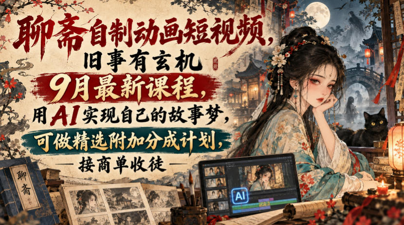 聊斋自制动画短视频，旧事有玄机9月最新课程，用AI实现自己的故事梦，可做精选附加分成计划，接商单收徒-卓越网创