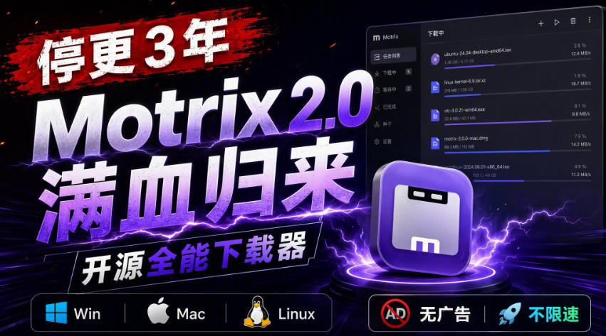 停更3年，Motrix 2.0满血归来：开源全能下载器，Win/Mac/Linux通吃，无广告不限速-卓越网创