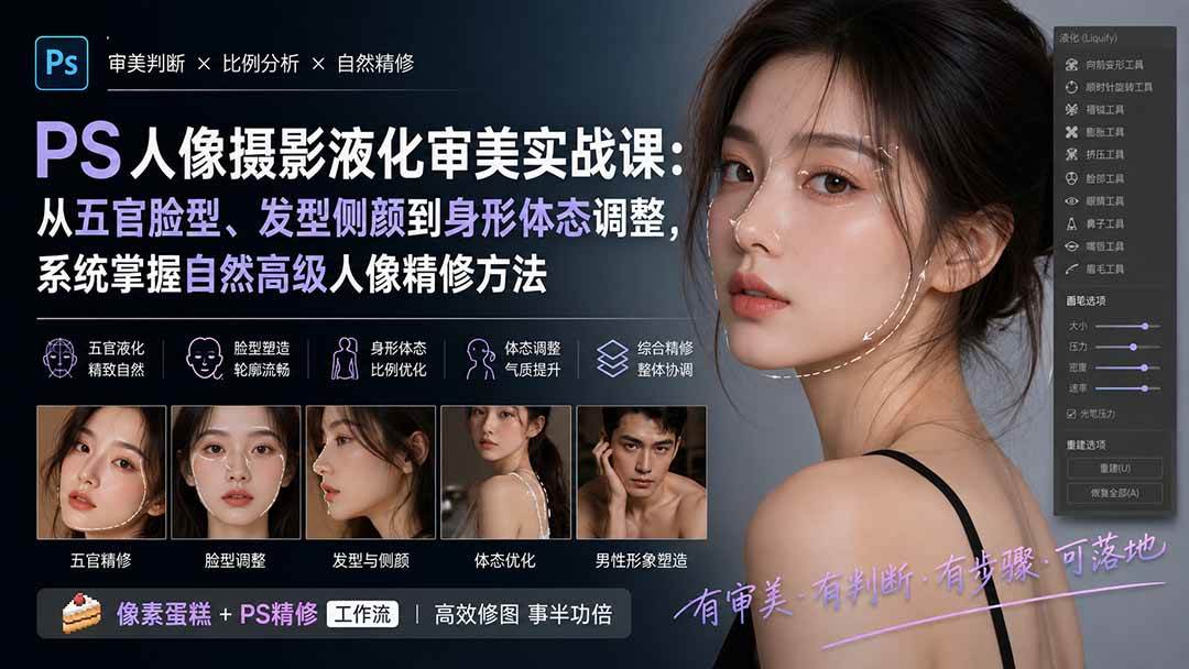 （20062期）PS人像摄影液化审美实战课：从五官脸型、发型侧颜到身形体态调整，系统掌握自然高级人像精修方法-卓越网创