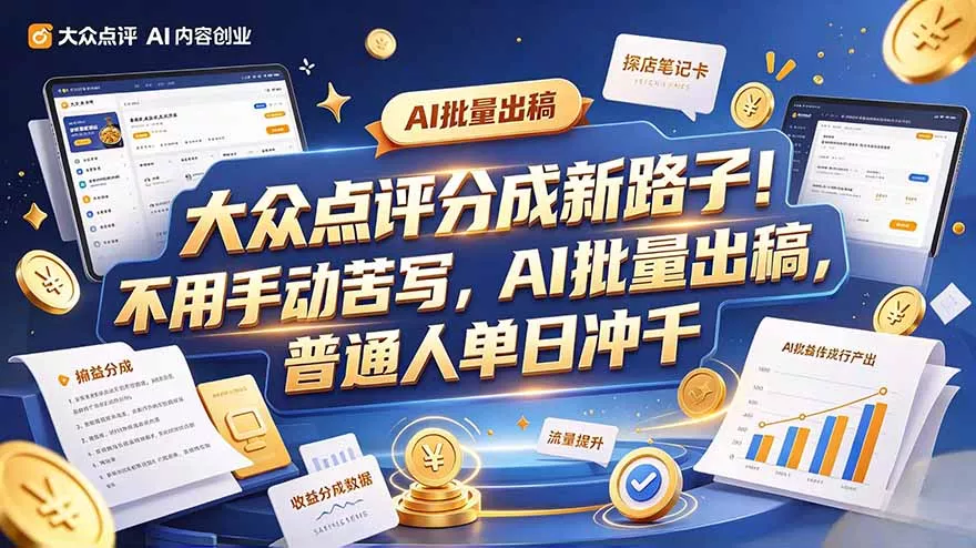 大众点评副业新玩法，工具提效解放双手，批量做笔记，单日可破千-卓越网创