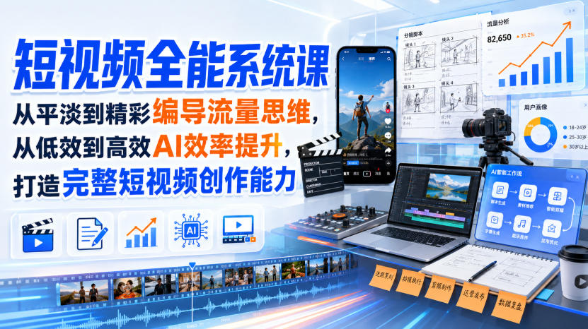 短视频全能系统课，从平淡到精彩编导流量思维，从低效到高效AI效率提升，打造完整短视频创作能力（2026年8月30更新233集）-卓越网创