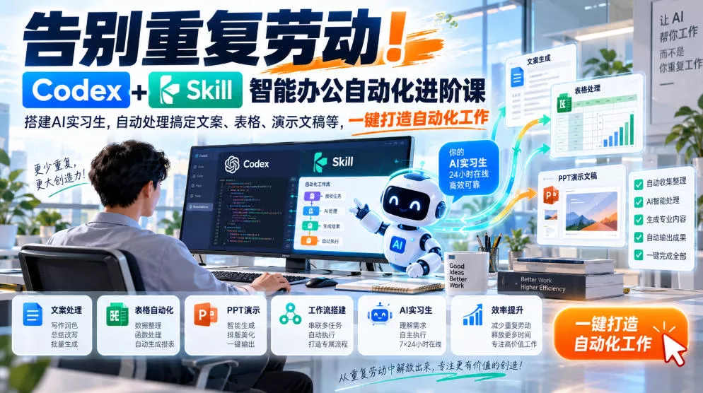 告别重复劳动！Codex+Skill智能办公自动化进阶课｜搭建AI实习生，自动处理搞定文案、表格、演示文稿等，一键打造自动化工作-卓越网创