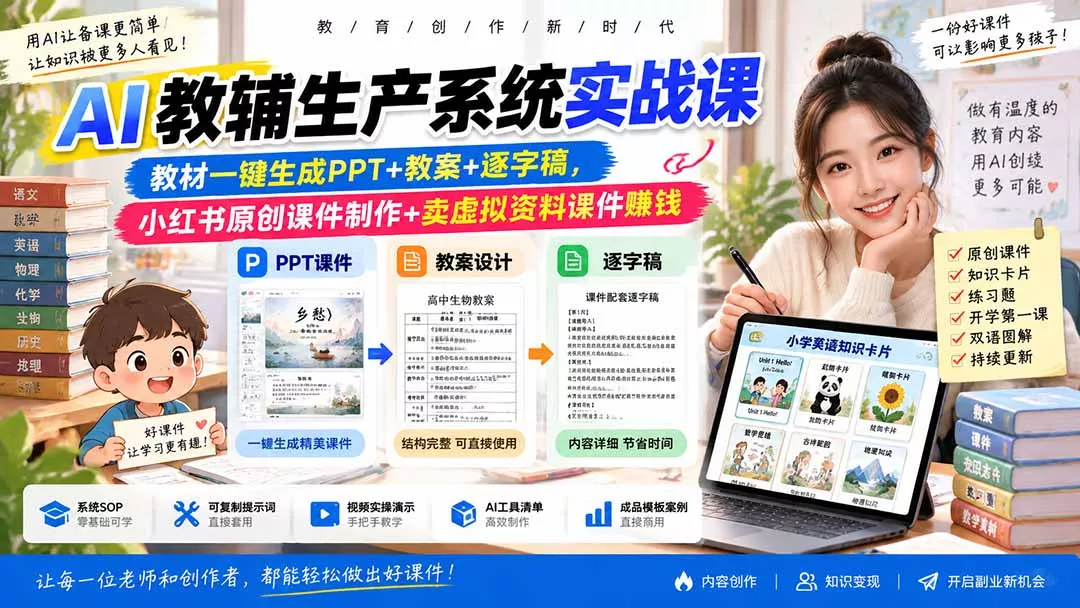 AI教辅生产系统实战课|教材一键生成PPT+教案+逐字稿,小红书原创课件制作+卖虚拟资料课件赚钱-卓越网创